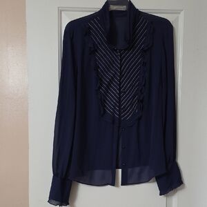 Liz Claiborne Navy Blouse with Ruffle Accents